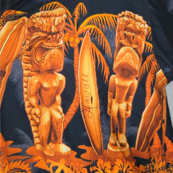 Favant Mens L Hawaiian Shirt Button Up Tiki Statues Surfboards Beach Vacation - Picture 3 of 12
